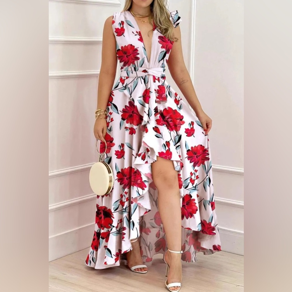 Ruffled Plunge Sleeveless Maxi Dress
